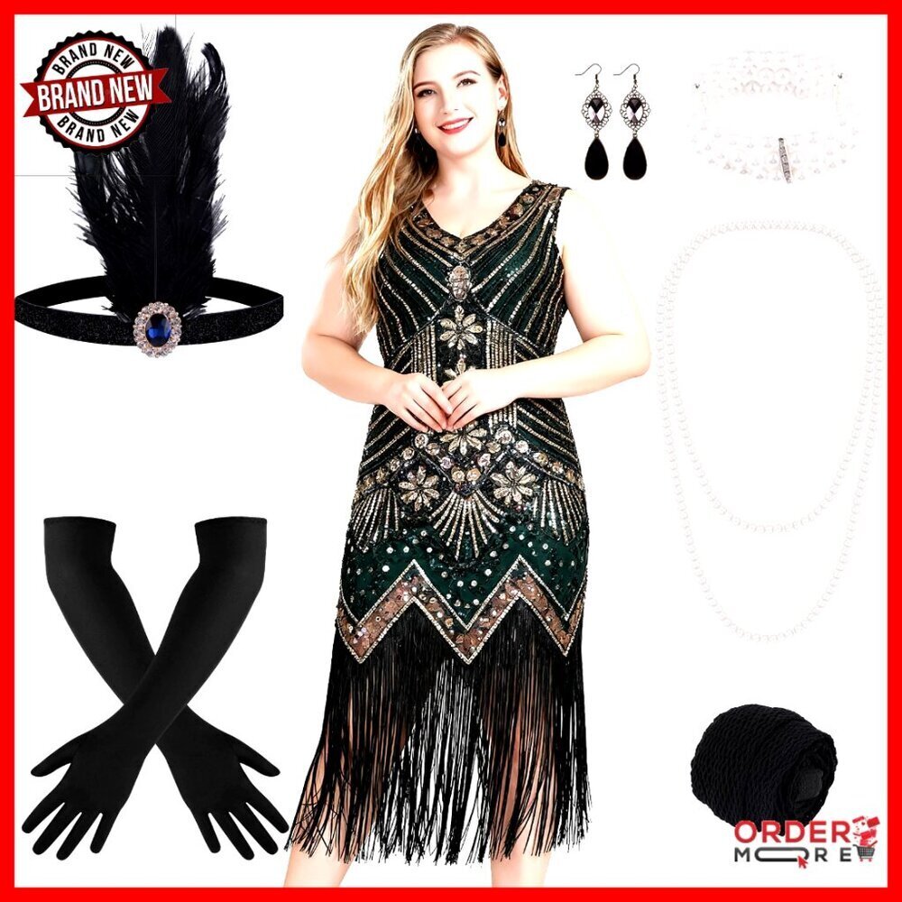 Sequin Beaded Fringed Midi Dress with Accessories Set for 1920s Party